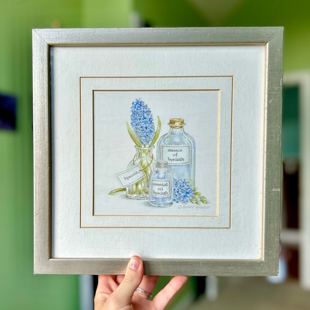 VTG Framed Blue Hyacinth Floral Oil & Essence Cottagecore Farmhouse Wall Art